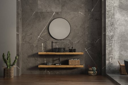 Photo for A modern bathroom with a minimal wooden vanity, oval mirror, black sink, marble ceramic walls, concrete floor, plants and baskets, bathroom accessories, and a modern anthracite bathtub. 3d rendering - Royalty Free Image