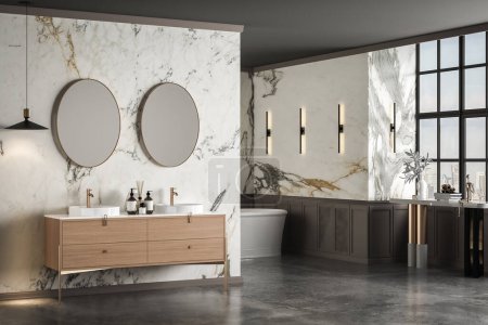 A luxurious bathroom with a double sink vanity cabinet, marble walls, concrete flooring, pendant and wall lamps, bathroom accessories, and a white luxury bathtub. 3d rendering