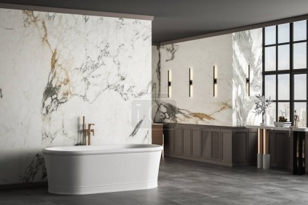 Photo for A luxurious bathroom with a double sink vanity cabinet, marble walls, concrete flooring, pendant and wall lamps, bathroom accessories, and a white luxury bathtub. 3d rendering - Royalty Free Image