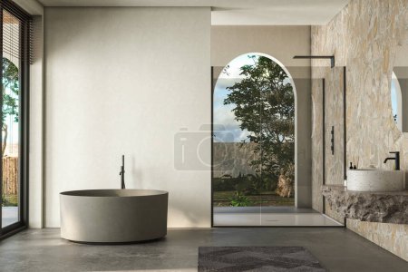Baño moderno con encimera de piedra natural con lavabo integrado, espejo redondo, cabina de ducha, bañera redonda y suelo de hormigón elegante. La luz natural, patio trasero. renderizado 3d