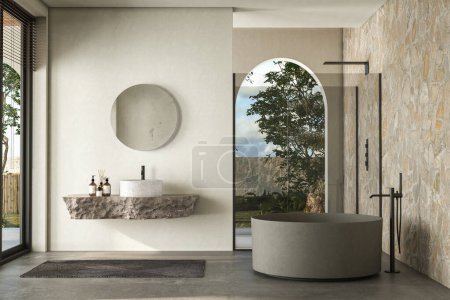 Modernes Badezimmer mit Natursteinarbeitsplatte mit integriertem Waschbecken, rundem Spiegel, Duschkabine, runder Badewanne und glattem Betonboden. Das natürliche Licht, Hinterhof. 3D-Darstellung