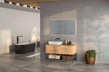 Ein minimalistisches Badezimmer mit einem eleganten Badezimmertisch, schwarzweißer Badewanne, Wandspiegel, Pflanzen, Betonboden, grauen Wänden und einem kleinen Pool. 3D-Darstellung