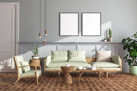 Foto de Interior del salón con sofá, sillón, mesa y planta - Imagen libre de derechos