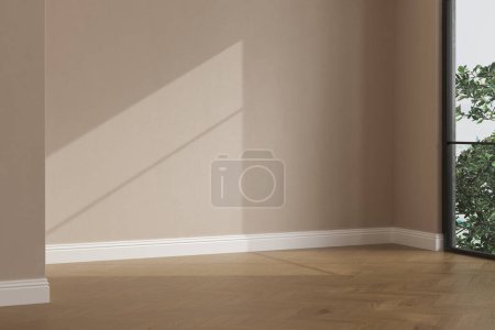 Realistic 3D render of room, beautiful sunlight and window frame shadow on beige blank wall, white skirting board in an empty room. New wooden parquet floor. Background, Interior. Side view.