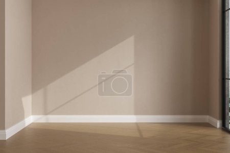 Foto de Realista representación 3D de la habitación, hermosa luz del sol y la sombra del marco de la ventana en la pared en blanco beige, zócalo blanco en una habitación vacía. Nuevo suelo de parquet de madera. Fondo, Interior. Vista frontal. - Imagen libre de derechos
