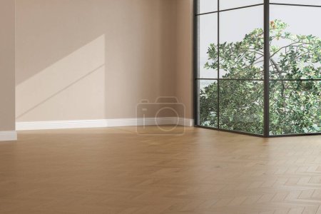 rendu 3D réaliste de la pièce, belle lumière du soleil et l'ombre du cadre de la fenêtre sur le mur blanc beige, plinthe blanche dans une pièce vide. Nouveau parquet en bois. Contexte, Intérieur. Vue latérale.