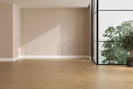 Realistic 3D render of room, beautiful sunlight and window frame shadow on beige blank wall, white skirting board in an empty room. New wooden parquet floor. Background, Interior. Front view.