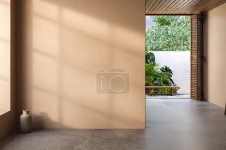 Photo for Spacious empty room with beige walls, concrete flooring, and shadows of window frames casting on the walls. The view of the backyard adds a sense of calmness and tranquility to the space. 3d rendering - Royalty Free Image