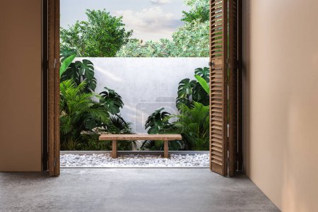 Eine gemütliche Sitzecke zwischen den Kieselsteinen im Hinterhof, umgeben von Pflanzen und Bäumen, die hinter der Mauer versteckt sind. Die sonnige Sahbah verleiht dem Raum eine gemütliche Note. 3D-Darstellung