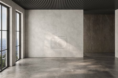 Photo for Modern interior design of apartment, empty interior with concrete flooring, windows, and suitable for various furniture and home decor mockups, panorama. 3d rendering - Royalty Free Image