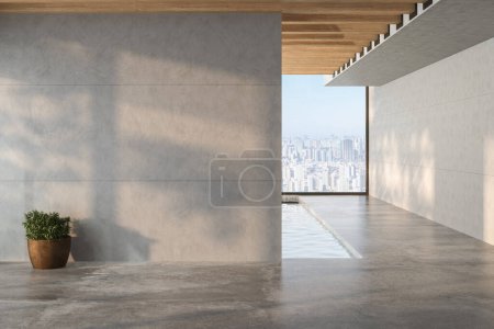A spacious airy room in a holiday villa with white walls and concrete flooring, overlooking a pool and the stunning sea view. The warm and sunny atmosphere creates a perfect vacation vibe.3d render