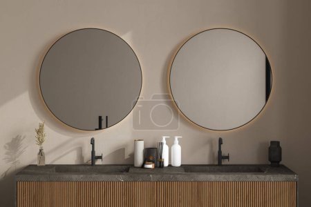 Marmorbecken steht auf einem hölzernen Badezimmermöbel. An einer beigen Wand hängen zwei ovale Spiegel. Eine Nahaufnahme. Frontansicht. 3D-Darstellung