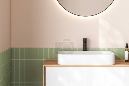 Photo for 3D render close up white vanity counter with ceramic washbasin and modern style faucet in a bathroom with morning sunlight and shadow. Blank space for products display mockup. Background, Wall tiles. - Royalty Free Image