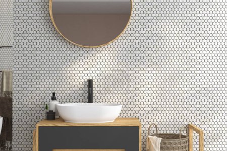Foto de Primer plano del lavabo blanco con espejo ovalado colgando en la pared de azulejos, gabinete moderno con grifo negro en el baño minimalista. renderizado 3d - Imagen libre de derechos