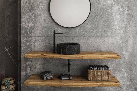 Téléchargez les photos : Vue rapprochée d'une vanité minimaliste en bois avec un lavabo noir, doté d'une zone d'affichage des produits. Parfait pour la présentation de produits dans un cadre de salle de bain.3d rendu - en image libre de droit