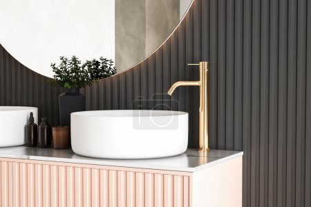 Chic bathroom setup with soap dispensers, plant, black-framed mirror, double sink, and black wall. Ideal for showcasing your products in a stylish and modern setting. 3d rendering
