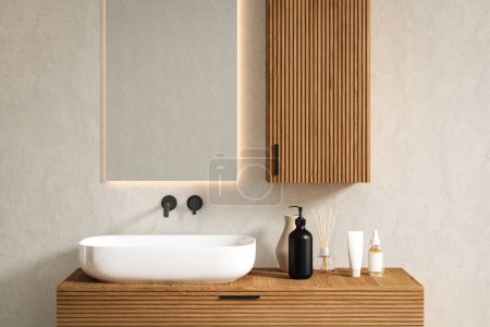 Salle de bain chic avec évier blanc, distributeurs de savon, robinet, miroir, fond mural blanc. Idéal pour mettre en valeur vos produits dans un cadre élégant et moderne. Rendu 3d