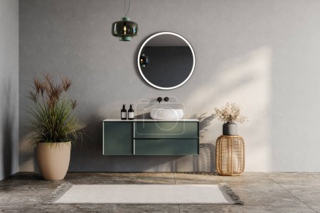 3D-Rendering eines modernen Badezimmers mit grauen Wänden, weißer Badewanne, grünem Waschtisch, schwarzem Spiegel, Waschbecken, Terrazzoboden und Blick aus dem Fenster auf Pool und Meer