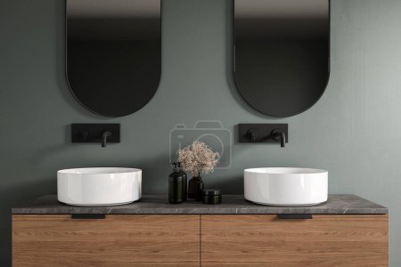 Schickes Badezimmer mit weißem Doppelwaschbecken, Seifenspender, Wasserhahn, Spiegel, grünem Wandhintergrund. Ideal, um Ihre Produkte in einem stilvollen und modernen Ambiente zu präsentieren. Attrappe auf. 3D-Darstellung