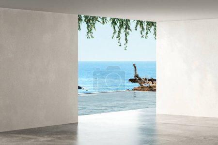 Téléchargez les photos : Vue sur la mer grand salon vide de luxe maison de plage d'été - en image libre de droit