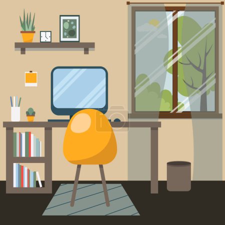 Illustration for Interior design of a room in a house. Vector illustration of a workplace. Room with a window. - Royalty Free Image