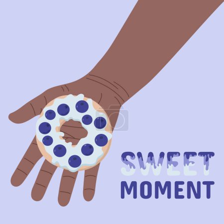 Vektorkarte im Cartoon-Stil mit Illustration einer Hand, die einen süßen Donut hält. Illustration mit Zitat "süßer Moment"