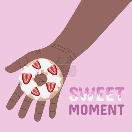 Karten im Cartoon-Stil mit der Illustration einer Hand, die einen süßen Donut hält. Illustration mit Zitat "süßer Moment"