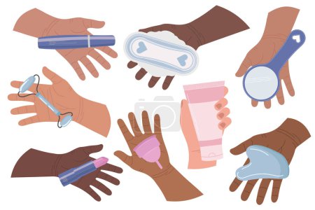 Icono de vector plano en estilo de dibujos animados. Ilustración de una mano sosteniendo artículos de higiene femenina y cosméticos.