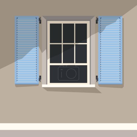 Téléchargez les illustrations : Illustration vectorielle de façade de maison avec fenêtre ouverte et volets - en licence libre de droit