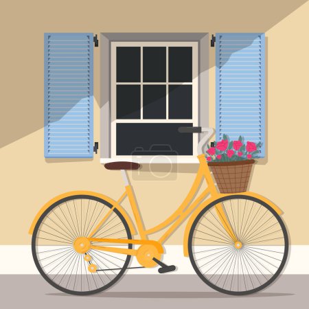 Téléchargez les illustrations : Paysage vectoriel de fenêtre avec volets et vélo dans le style provençal - en licence libre de droit