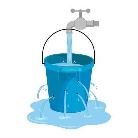 Téléchargez les illustrations : Déchets d'eau du robinet. Wastage de thème de l'eau pour économiser l'eau. Étaler l'eau sur le sol à partir du seau de trou. - en licence libre de droit