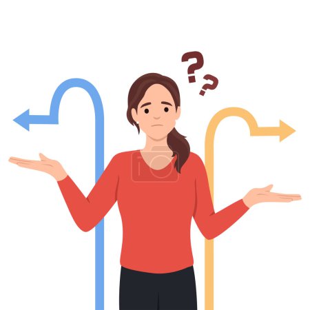 Illustration for Choice, thinking, doubt, problem concept. Young pensive thoughtful confused doubtful woman girl cartoon character standing and choosing between two ways. Flat vector illustration isolated on white background - Royalty Free Image