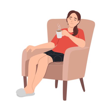 Téléchargez les illustrations : Femme se détendre à la maison et obtenir concept de pause café. Illustration vectorielle plate isolée sur fond blanc - en licence libre de droit