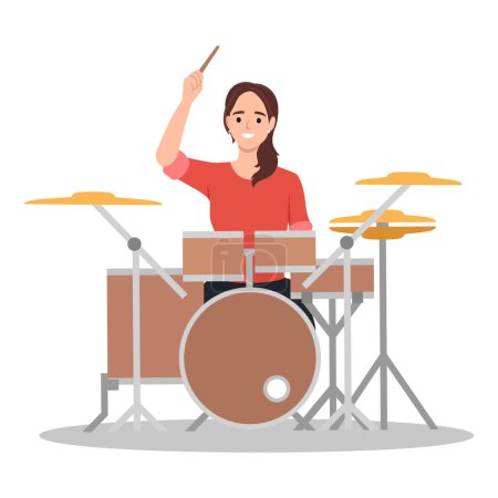 Illustration for Drummer musician playing modern music at drum kit. Girl player, solo performer with drumsticks performing on percussion instrument with cymbals. Flat vector illustration isolated on white background - Royalty Free Image