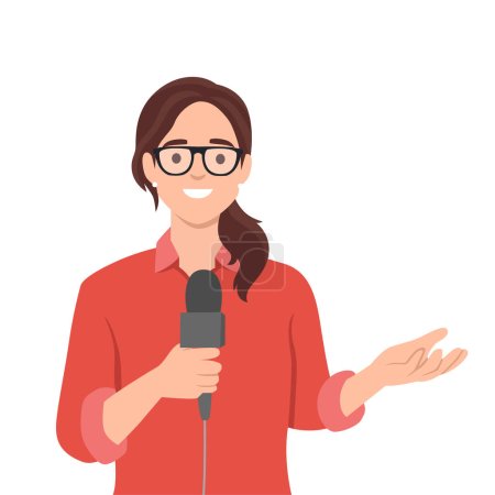 Illustration for Journalist woman. Beautiful lady reporter holding microphone. Flat vector illustration isolated on white background - Royalty Free Image