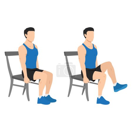 Ilustración de Hombre haciendo levantamientos de rodilla sentados o elevaciones de rodilla sentadas. Ilustración vectorial plana aislada sobre fondo blanco - Imagen libre de derechos