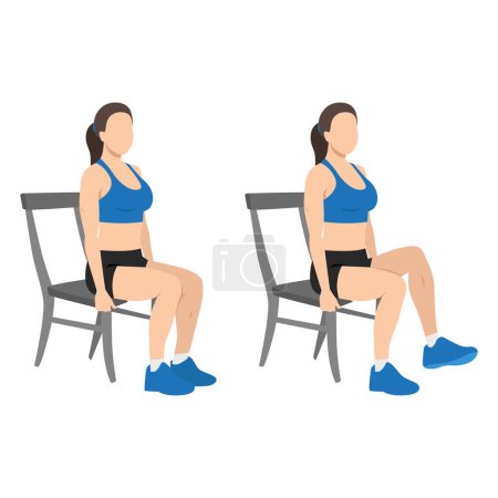Ilustración de Mujer haciendo levantamientos de rodilla sentados o elevaciones de rodilla sentadas. Ilustración vectorial plana aislada sobre fondo blanco - Imagen libre de derechos