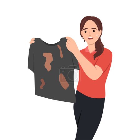 Illustration for Disgusted woman with smelly worn clothes. Flat vector illustration isolated on white background - Royalty Free Image