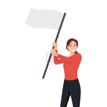 Illustration for Woman with white flag template, advertising concept. Young smiling business woman girl holding white flag template and looking straight at camera. Flat vector illustration isolated on white background - Royalty Free Image