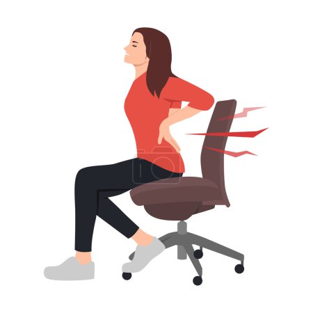 Illustration for Frustrated woman suffering from back pain, massaging loins, sitting on uncomfortable office chair at workplace. Flat vector illustration isolated on white background - Royalty Free Image