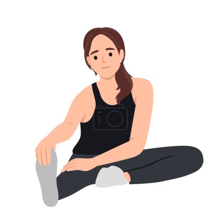 Téléchargez les illustrations : La femme assise pour se ressourcer s'étire après l'exercice. Illustration vectorielle plate isolée sur fond blanc - en licence libre de droit