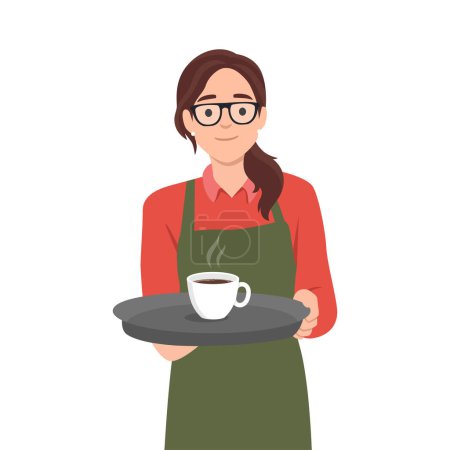 Camarera caucásica joven sosteniendo una bandeja con dos tazas de té o café y un vaso de agua. Camarera parada con una bandeja con tazas de café caliente. Ilustración vectorial plana aislada sobre fondo blanco