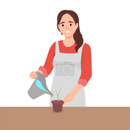 Illustration for Beautiful happy woman watering plants. Flat vector illustration isolated on white background - Royalty Free Image