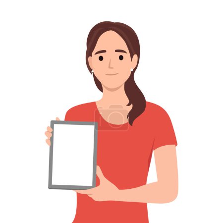 Téléchargez les illustrations : Heureuse femme d'affaires montrant écran de tablette vierge. Illustration vectorielle plate isolée sur fond blanc - en licence libre de droit