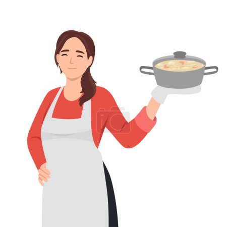 Housewife girl cooking food. Young woman cooking delicious vegetable soup. Holding pan with soup. Flat vector illustration isolated on white background