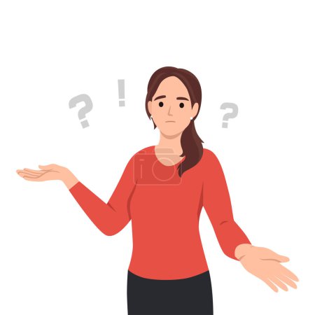 Illustration for Vector illustration of frequently asked questions. Confused girl. Girl have some questions. Dialog. Question form. Flat vector illustration isolated on white background - Royalty Free Image