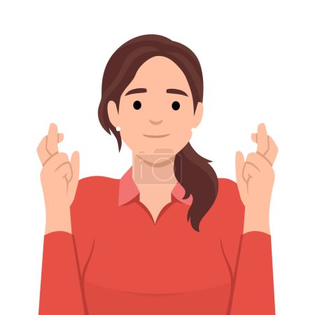 Illustration for Feeling hope with crossed fingers concept. Young positive woman cartoon character standing with eyes closed holding fingers crossed. Flat vector illustration isolated on white background - Royalty Free Image