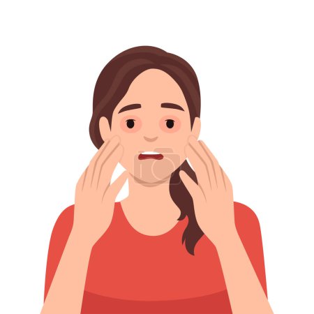 Illustration for Sad woman with dry reddened eyes due to irritation or allergic reaction caused by food or lack of sleep and rest. Sick girl with allergy symptoms needs to take medicines or use cosmetics - Royalty Free Image