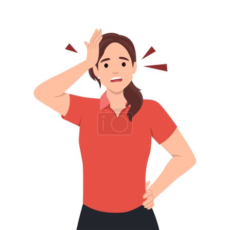 Illustration for Woman surprised with hand on head for mistake, woman forgot something with hand on her head. - Royalty Free Image
