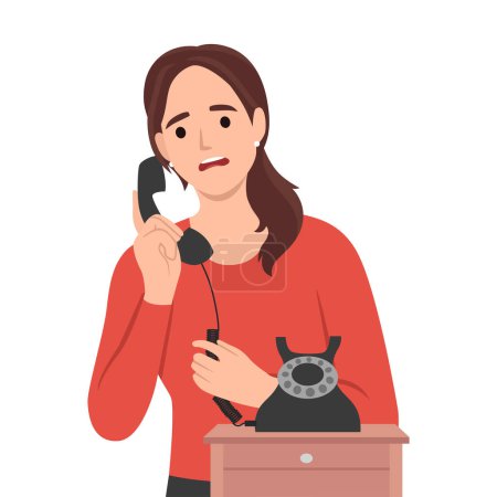 Une jeune femme parle sur un vieux téléphone filaire à la maison. Les femmes ont une conversation au téléphone fixe. Communication et appel. Illustration vectorielle plate isolée sur fond blanc